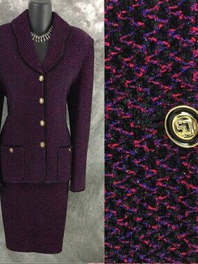 BEAUTIFUL St John collection knit pink purple black jacket skirt suit size 8 10